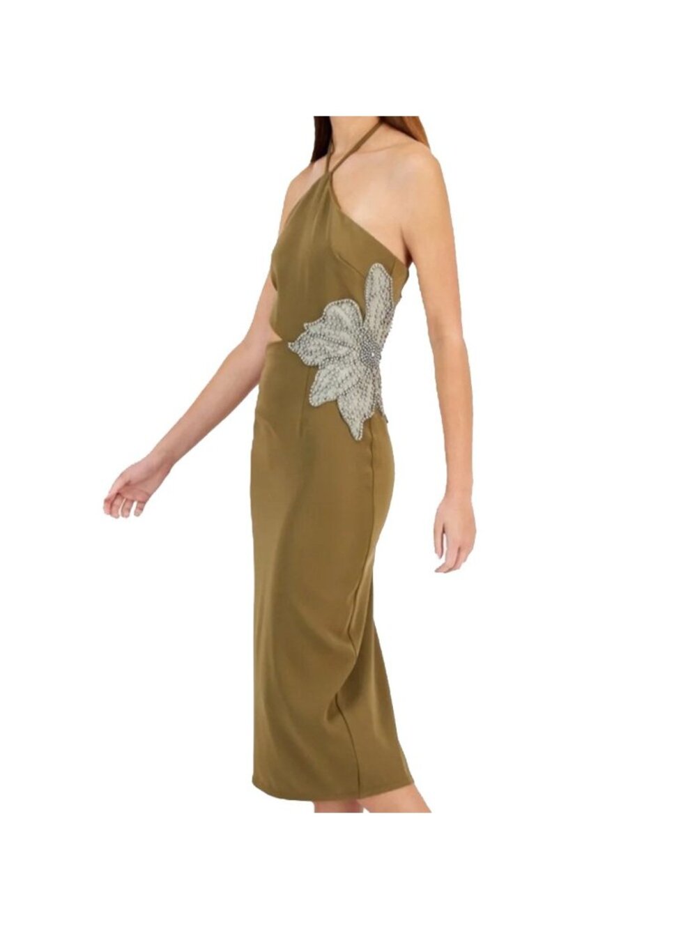 Avec Les Filles Halter-Neck Floral Applique Dress Olive Green Size 12 NWT